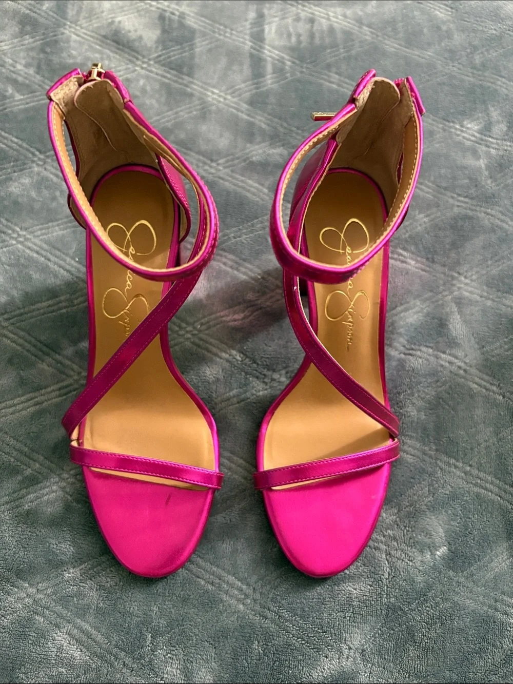 Jessica Simpson Metallic Fuchsia Strappy Block Heel Sandals